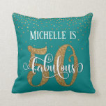 Gold Glitter 50 & Fabulous Birthday on Teal Cushion<br><div class="desc">Celebrate the much anticipated 50 and fabulous birthday with this modern, unique design. Over a solid background appears a gold glitter-effect confetti design, styled to look as if it's falling from above. In a fun, unique design "50 & fabulous" is rendered with a curly, bold, modern script font. The "50"...</div>