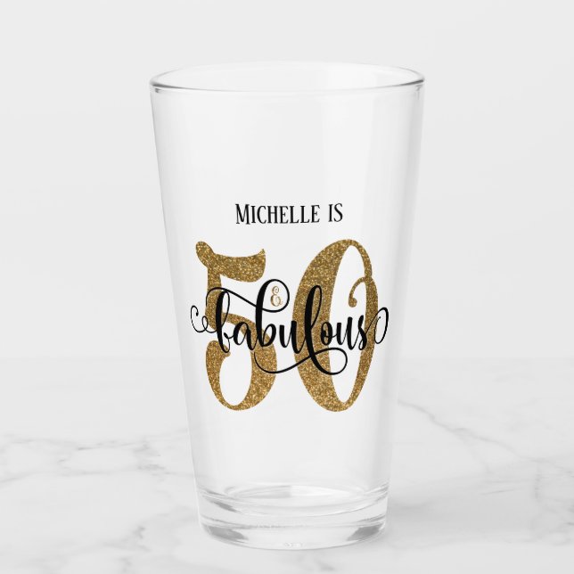 Gold Glitter 50 & Fabulous Birthday with Name Glass (Front)