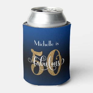 Gold Glitter 50 & Fabulous Blue Ombre Birthday Can Cooler