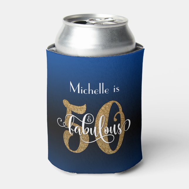 Gold Glitter 50 & Fabulous Blue Ombre Birthday Can Cooler (Can Front)