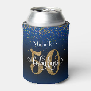 Gold Glitter 50 & Fabulous Blue Ombre Birthday Can Cooler