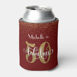 Gold Glitter 50 & Fabulous Burgundy Red Birthday Can Cooler