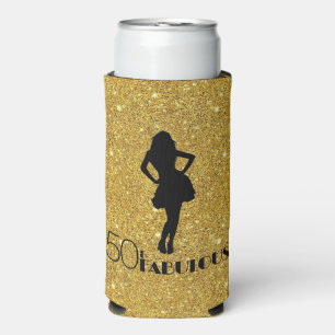 Gold Glitter 50 & FABULOUS Modern Glam Silhouette Seltzer Can Cooler