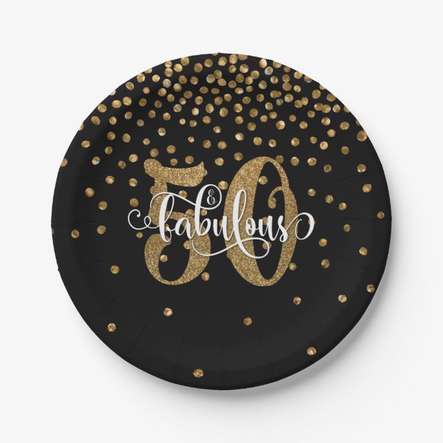 Gold Glitter 50 & Fabulous on Black Birthday Paper Plate (Front)