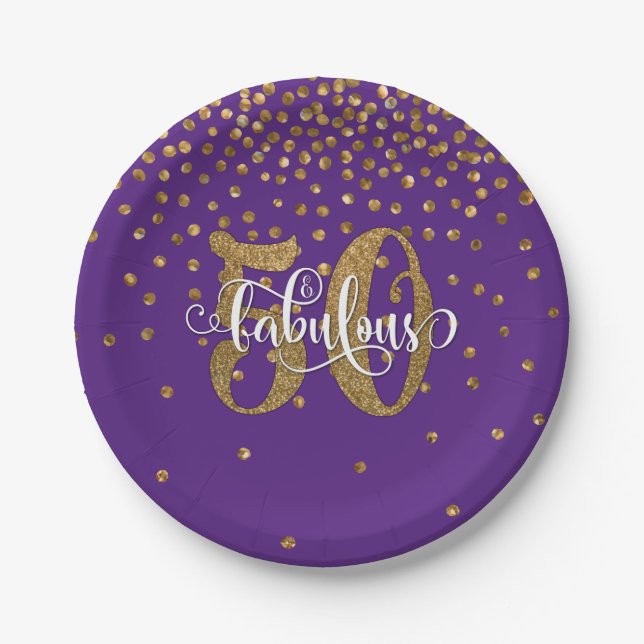Gold Glitter 50 & Fabulous on Purple Birthday Paper Plate (Front)