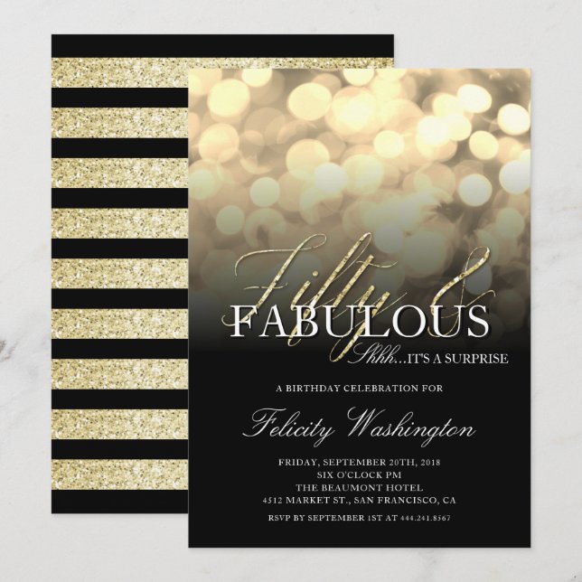 Gold Glitter 50 & Fabulous Surprise Birthday Party Invitation (Front/Back)