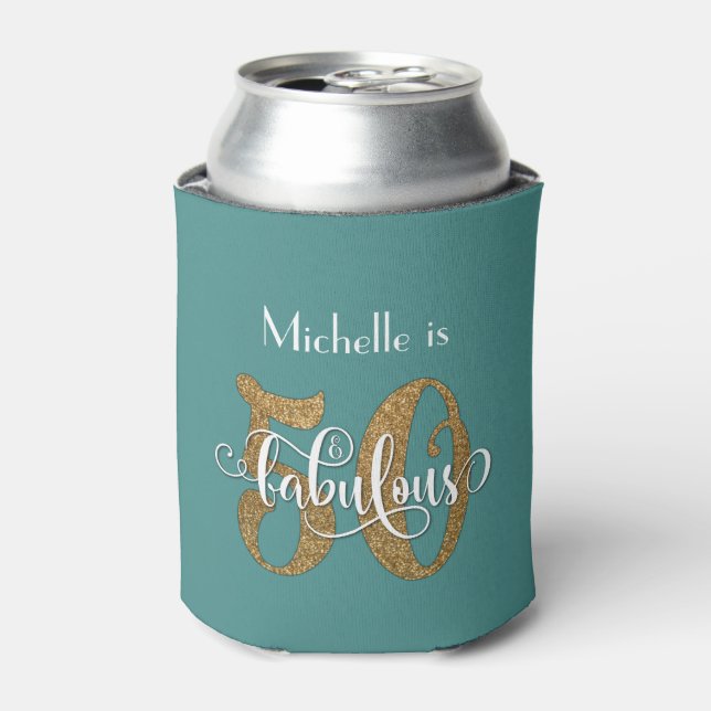 Gold Glitter 50 & Fabulous Teal Birthday Can Cooler (Can Front)