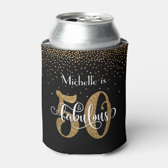 Gold Glitter 50 & Fabulous Typography Birthday Can Cooler (Can Front)