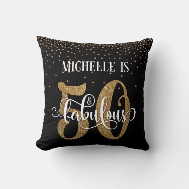 Gold Glitter 50 & Fabulous Typography Birthday Cushion (Front)