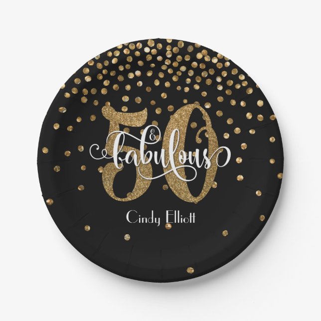 Gold Glitter 50 & Fabulous Typography Birthday Paper Plate (Front)