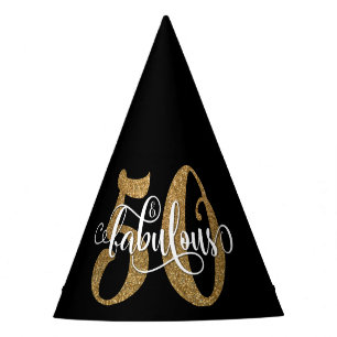 Gold Glitter 50 & Fabulous Typography on Black Party Hat