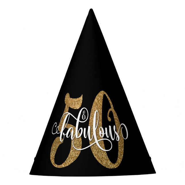 Gold Glitter 50 & Fabulous Typography on Black Party Hat (Front)