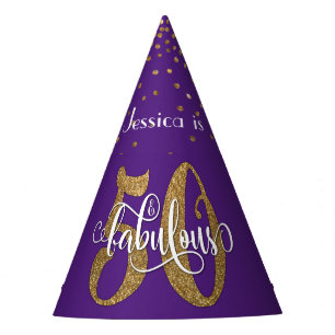 Gold Glitter 50 & Fabulous Typography on Purple Party Hat