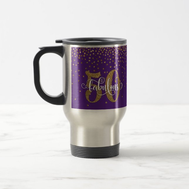Gold Glitter 50 & Fabulous Typography on Purple Travel Mug (Left)