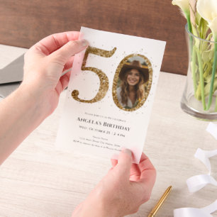 Gold Glitter 50th Adult Birthday Photo Vellum Invitations