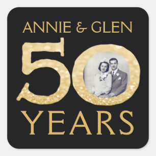 Gold Glitter 50th Anniversary Photo Template Squar Square Sticker