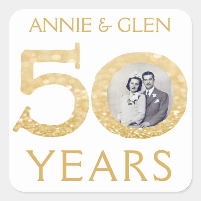 Gold Glitter 50th Anniversary Photo Template Square Sticker (Front)