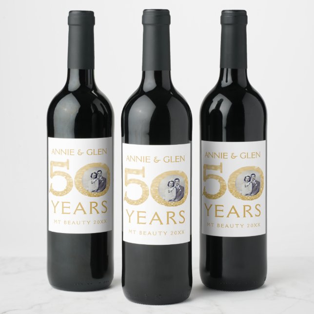 Gold Glitter 50th Anniversary Photo Template Wine Label (Bottles)