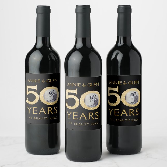 Gold Glitter 50th Anniversary Photo Template Wine  Label (Bottles)