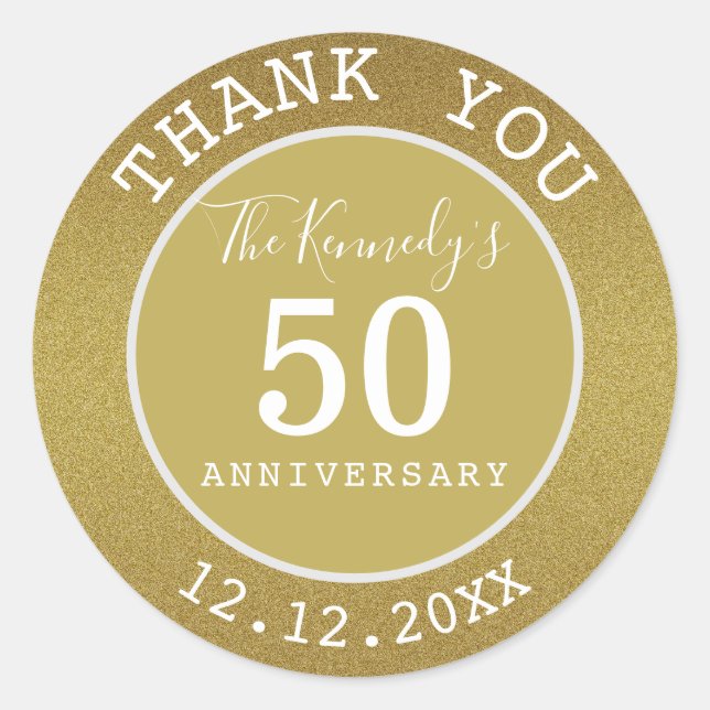 Gold Glitter 50th Anniversary Thank You  Favours Classic Round Sticker (Front)