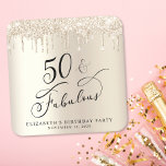 Gold Glitter 50th Birthday Party Square Paper Coaster<br><div class="desc">Chic custom 50th birthday party coaster featuring "50 & Fabulous" in a calligraphy script,  a gold faux foil background and dripping gold faux glitter. Perfect for table decor that guests can take home as a souvenir party favour.</div>