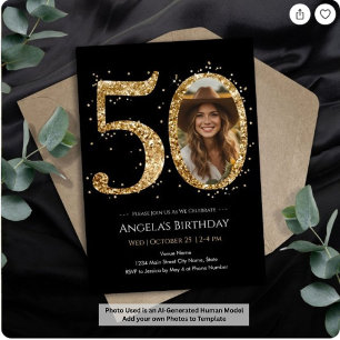 Gold Glitter 50th Birthday Photo Invitation