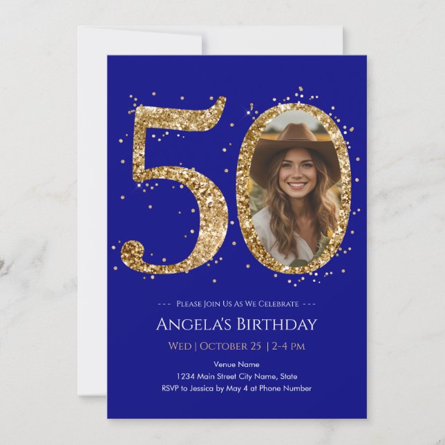Gold Glitter 50th Birthday Photo Invitation (Front)