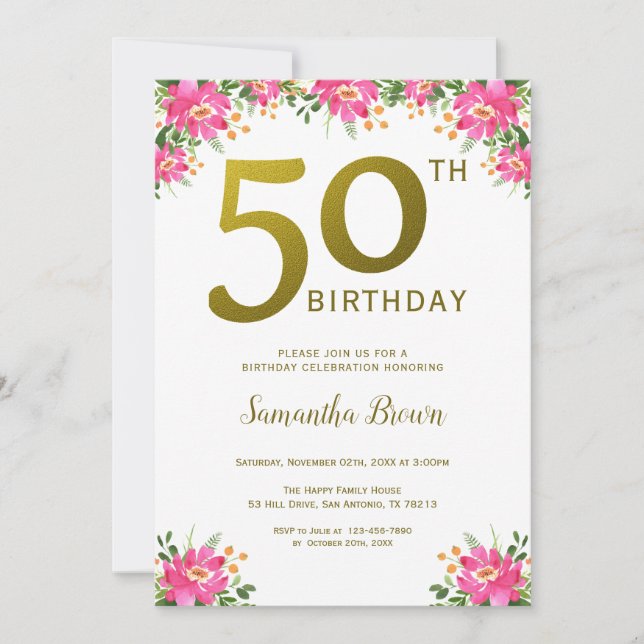 Gold Glitter 50th Birthday Pink Floral Invitation (Front)