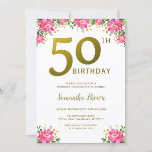 Gold Glitter 50th Birthday Pink Floral Invitation