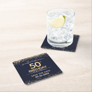 Gold Glitter 50th Birthday Save the Date Square Paper Coaster