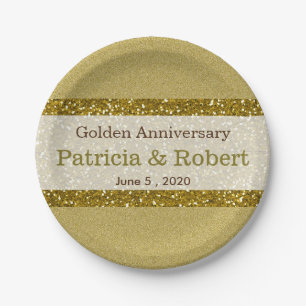 Gold Glitter 50th Golden Wedding Anniversary Paper Plate