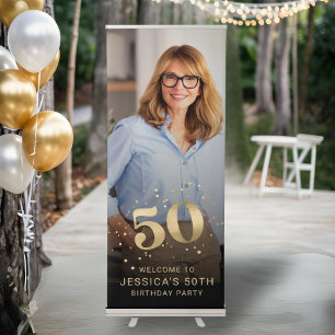Gold Glitter 50th Photo Birthday Welcome Party Retractable Banner