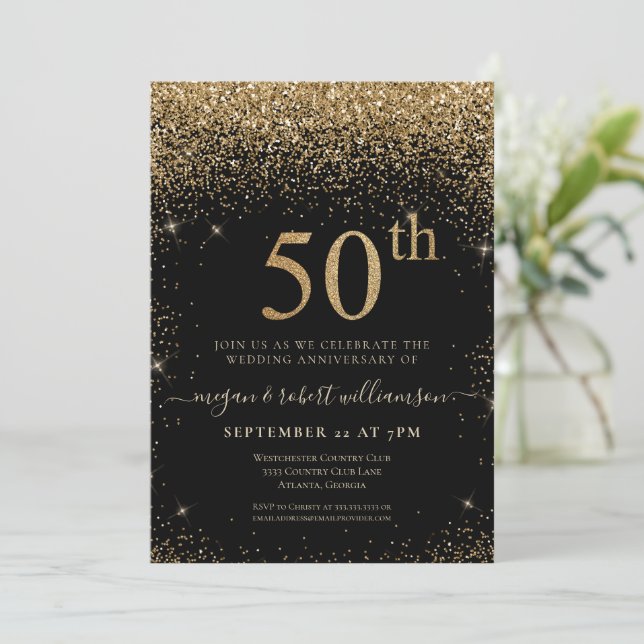 Gold Glitter 50th Surprise Anniversary Party Black Invitation (Standing Front)