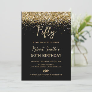 Gold Glitter 50th Surprise Birthday Party Black Invitation