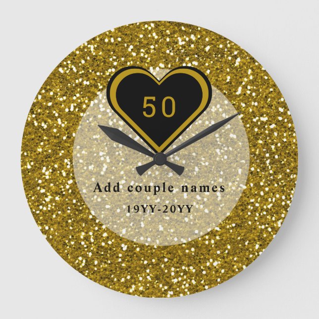 Gold Glitter 50th Wedding Anniversary Large Clock (Front)