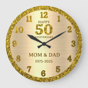 Gold Glitter 50th Wedding Anniversary Personalised Large Clock