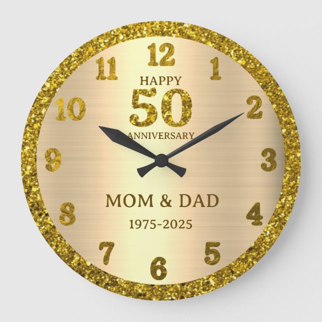 Gold Glitter 50th Wedding Anniversary Personalised Large Clock (Front)