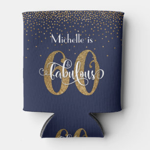 Gold Glitter 60 & Fabulous Navy Blue Birthday Can Cooler