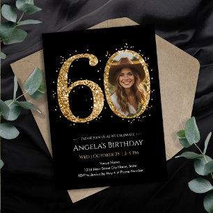 Gold Glitter 60th Birthday Photo Invitation