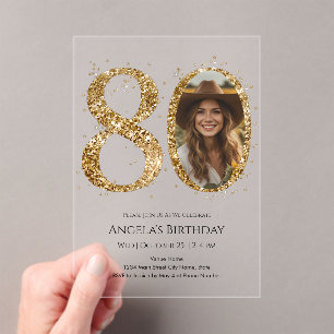 Gold Glitter 80th Birthday Photo Acrylic Invitations