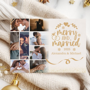 Gold Glitter 8 Photo Merry & Married Holiday Card