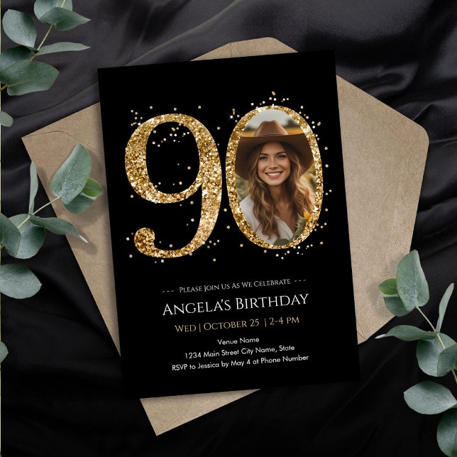 Gold Glitter 90th Birthday Photo Invitation (Creator Uploaded)