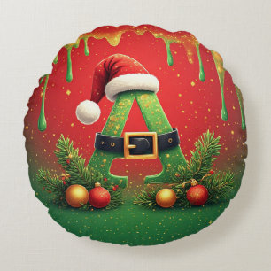 Gold Glitter A For Family Christmas Round Cushion