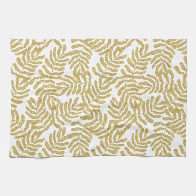 Gold glitter abstract leaves pattern tea towel (Horizontal)