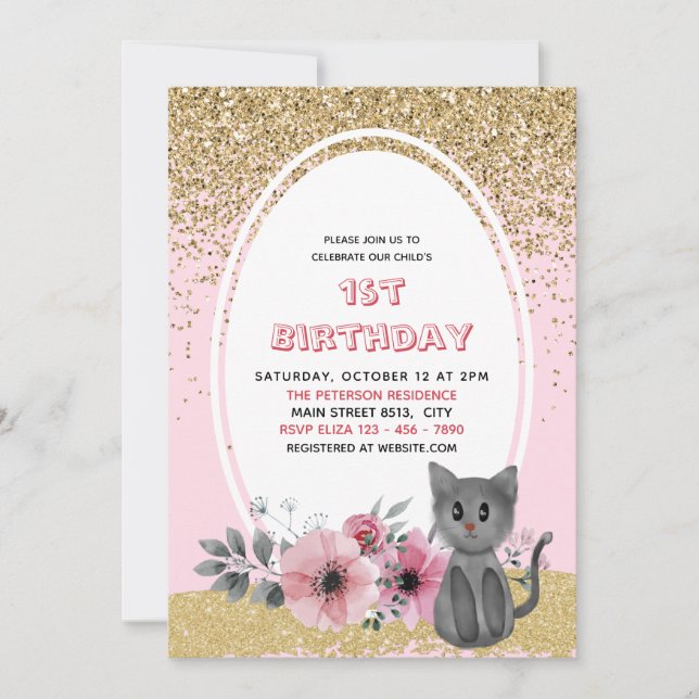 Gold Glitter Adorable Watercolor Kitten Wild One - Invitation (Front)
