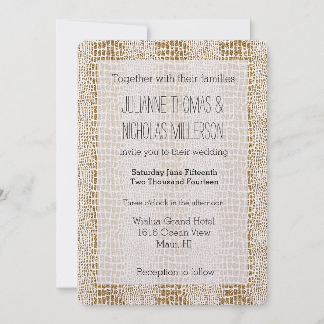 Gold Glitter Alligator Print Wedding Invitation (Front)