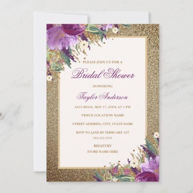 Gold Glitter Amethyst Purple Floral Bridal Shower Invitation (Front)