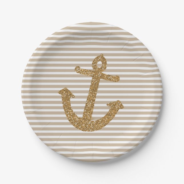 Gold Glitter Anchor Stripes Paper Plate (Front)
