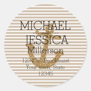 Gold Glitter Anchor Stripes Personalised address Classic Round Sticker