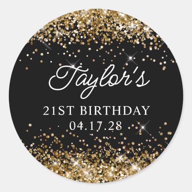 Gold Glitter and Black 21st Birthday Classic Round Sticker (Front)